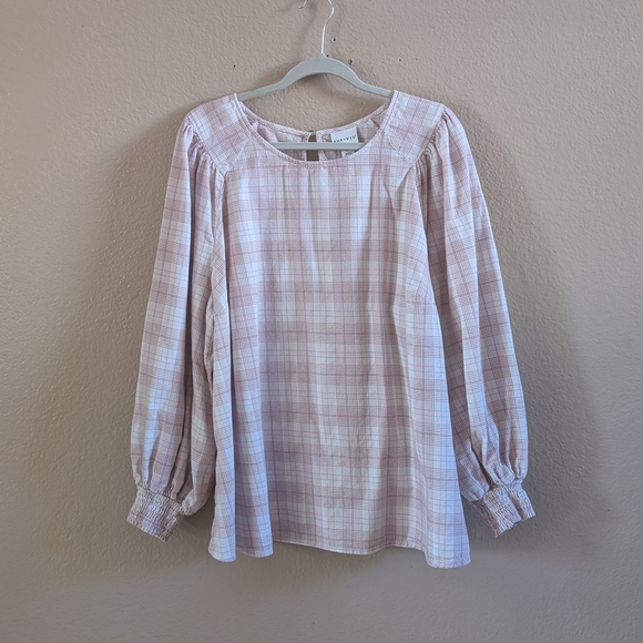Ava & Viv Pink Plaid Long Peasant Sleeve Top - Picture 1 of 6